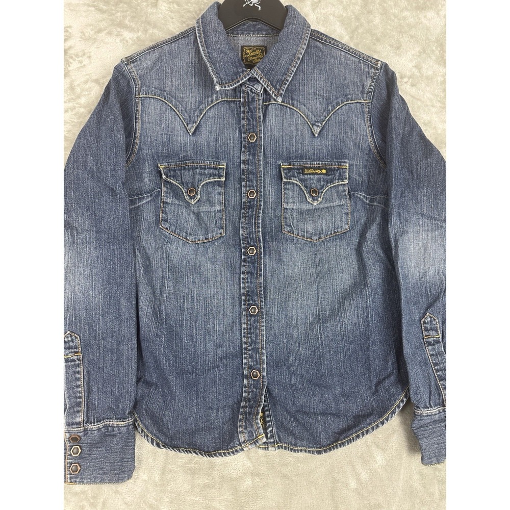 Lucky Brand‎ Western Pearl Snap Blue  Denim Shirt Women's Large Cotton Rodeo - Picture 4 of 8